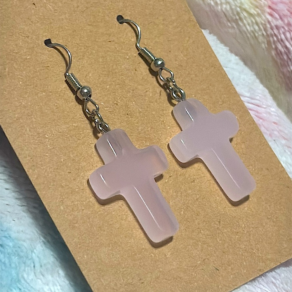 Rose Quarts Dangle Cross Earrings